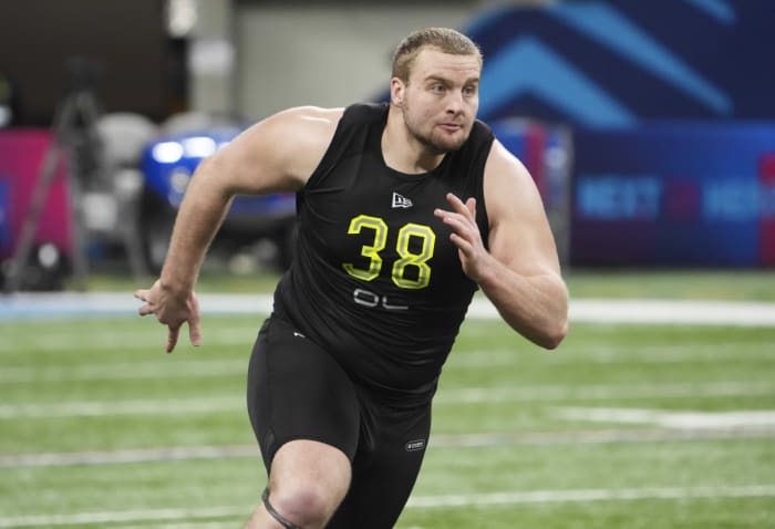 Northern Iowa offensive lineman Trevor Penning goes through drills during the 2022 NFL Scouting Combine. Mandatory Credit: Kirby Lee-USA TODAY Sports